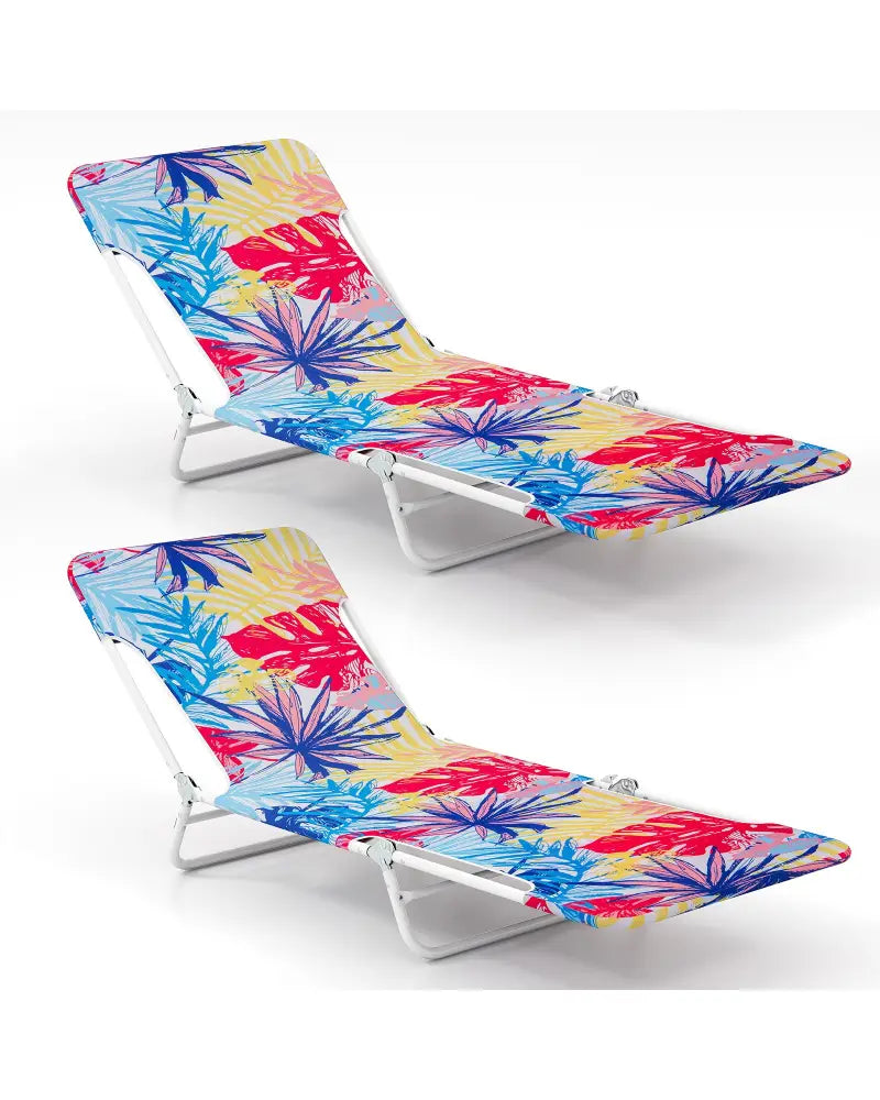 2 Pieces 5-position Lay Flat Beach Recliner with Carry Strap and Metal Frame-Pink - Pink - Outdoor Chaise Lounges