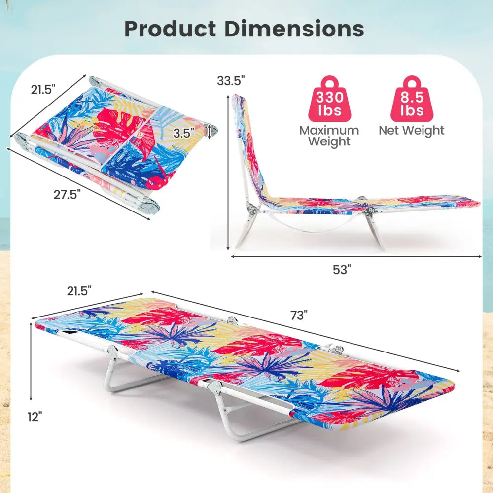 2 Pieces 5-position Lay Flat Beach Recliner with Carry Strap and Metal Frame-Pink - Pink - Beach & Lawn Chairs