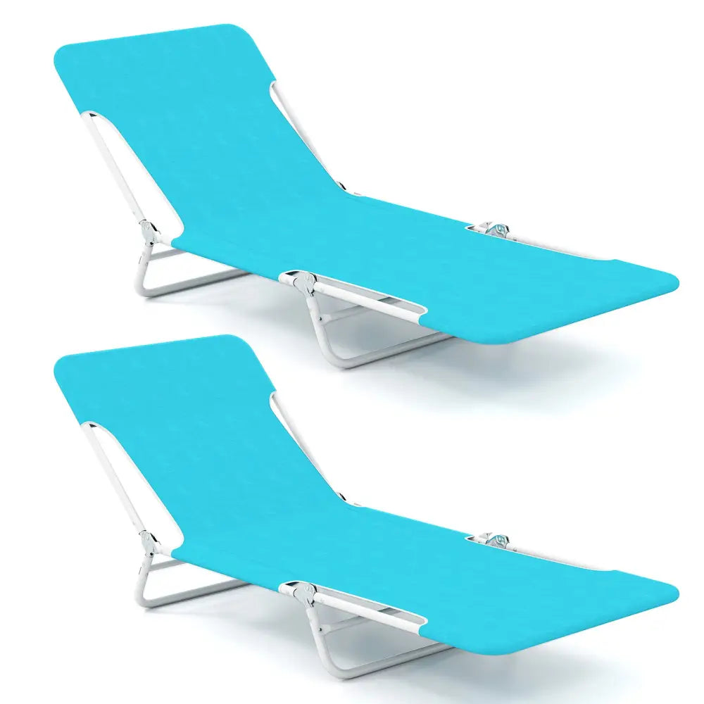 2 Pieces 5-position Lay Flat Beach Recliner with Carry Strap and Metal Frame-Navy - Turquoise - Beach & Lawn Chairs