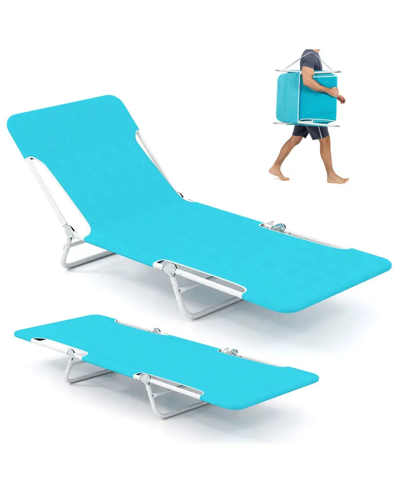 2 Pieces 5-position Lay Flat Beach Recliner with Carry Strap and Metal Frame-Navy - Turquoise - Outdoor Chaise Lounges