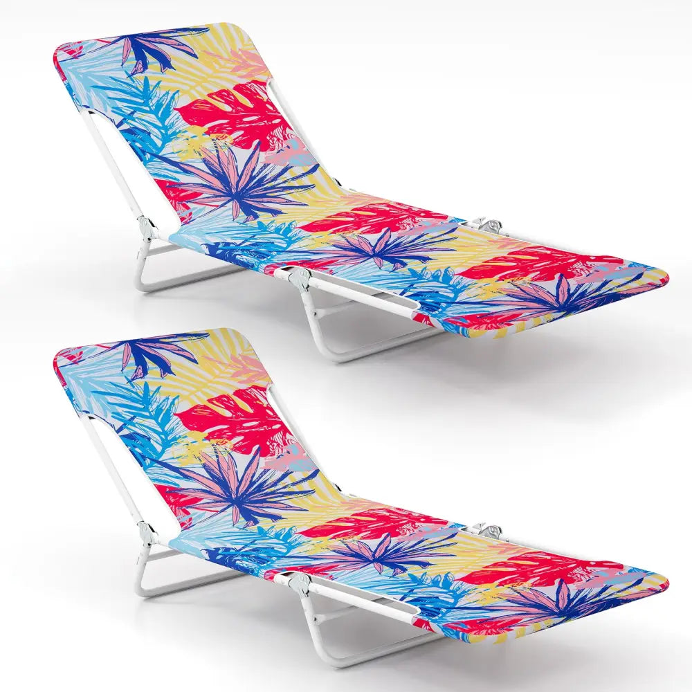 2 Pieces 5-position Lay Flat Beach Recliner with Carry Strap and Metal Frame-Pink - Pink - Beach & Lawn Chairs