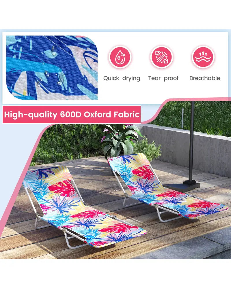 2 Pieces 5-position Lay Flat Beach Recliner with Carry Strap and Metal Frame-Pink - Pink - Outdoor Chaise Lounges