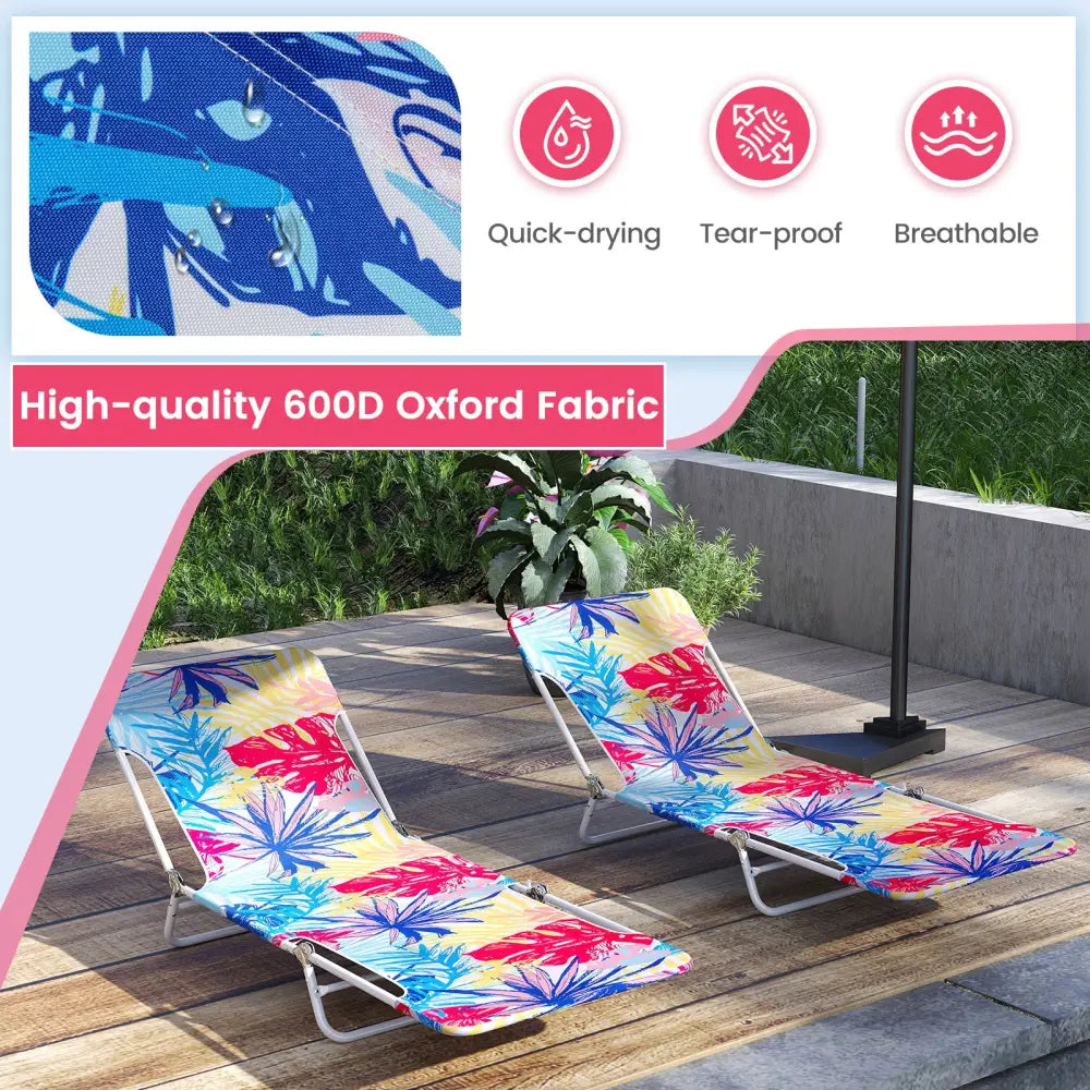 2 Pieces 5-position Lay Flat Beach Recliner with Carry Strap and Metal Frame-Pink - Pink - Beach & Lawn Chairs