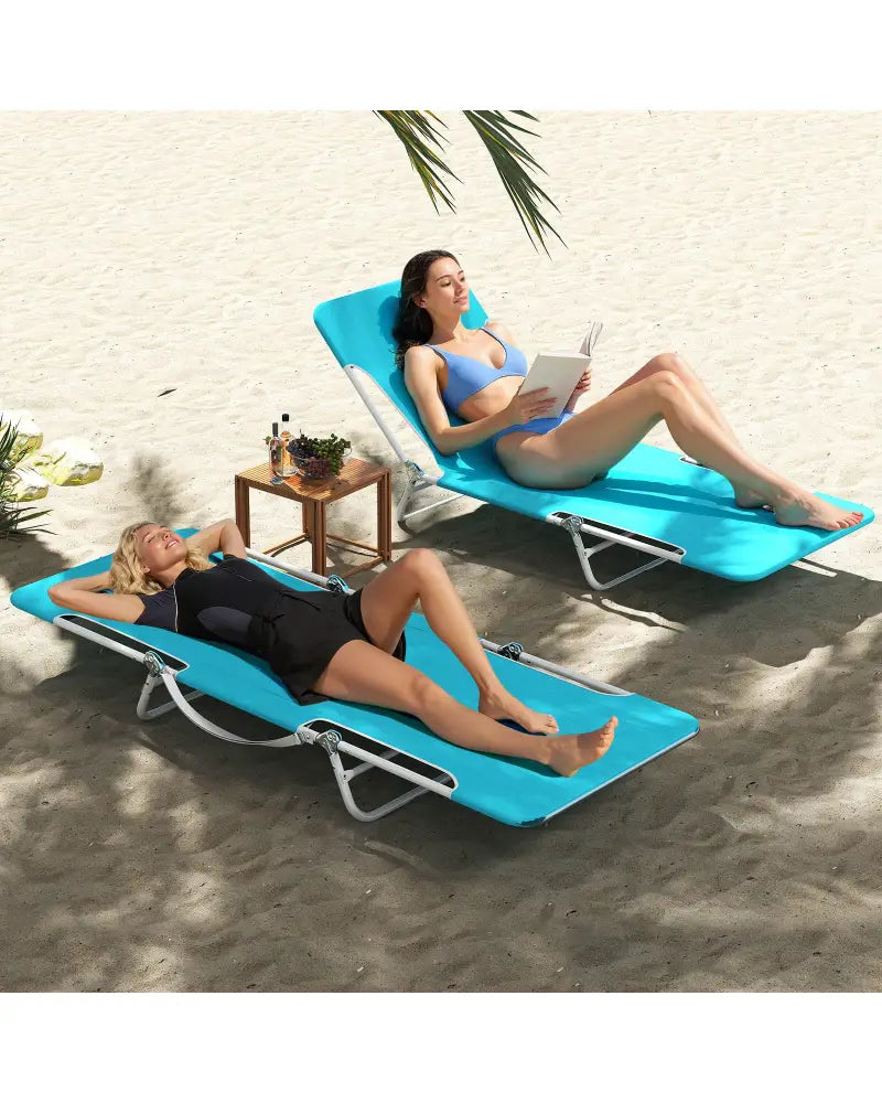 2 Pieces 5-position Lay Flat Beach Recliner with Carry Strap and Metal Frame-Navy - Turquoise - Outdoor Chaise Lounges