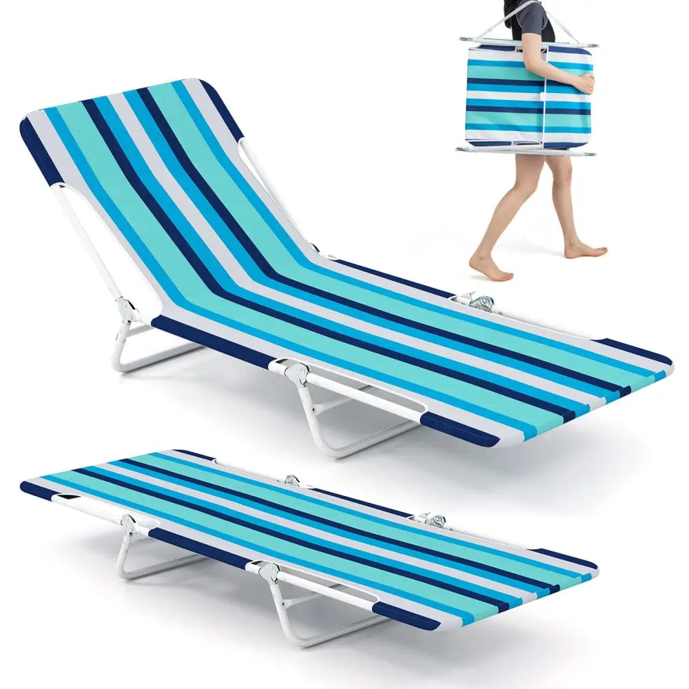 2 Pieces 5-position Lay Flat Beach Recliner with Carry Strap and Metal Frame-Blue - Blue - Beach & Lawn Chairs