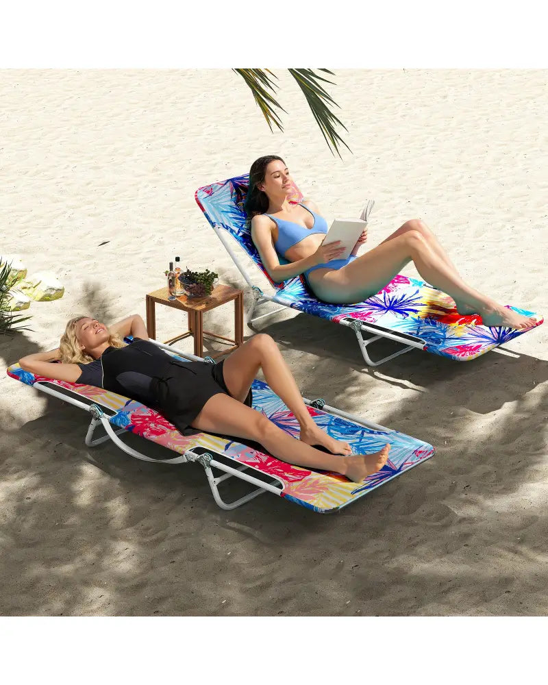 2 Pieces 5-position Lay Flat Beach Recliner with Carry Strap and Metal Frame-Pink - Pink - Outdoor Chaise Lounges
