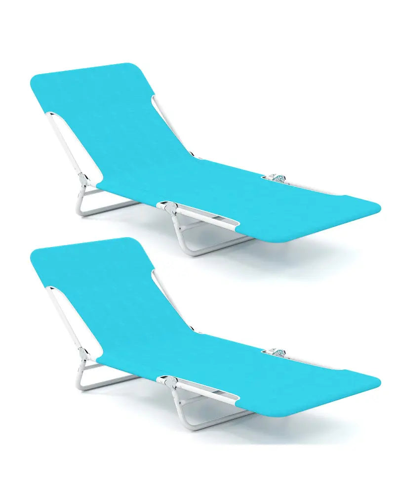 2 Pieces 5-position Lay Flat Beach Recliner with Carry Strap and Metal Frame-Navy - Turquoise - Outdoor Chaise Lounges
