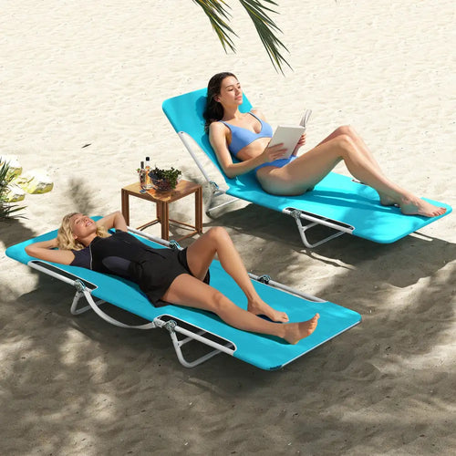 2 Pieces 5-position Lay Flat Beach Recliner with Carry Strap and Metal Frame-Navy - Turquoise - Outdoor Chaise Lounges