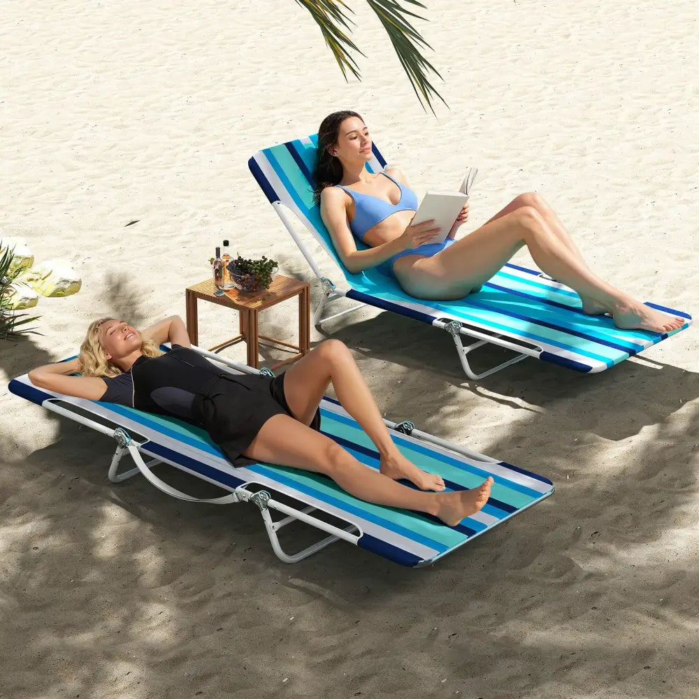 2 Pieces 5-position Lay Flat Beach Recliner with Carry Strap and Metal Frame-Blue - Blue - Beach & Lawn Chairs