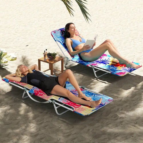 2 Pieces 5-position Lay Flat Beach Recliner with Carry Strap and Metal Frame-Pink - Pink - Outdoor Chaise Lounges