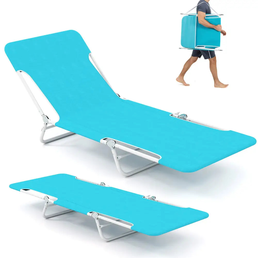 2 Pieces 5-position Lay Flat Beach Recliner with Carry Strap and Metal Frame-Navy - Turquoise - Beach & Lawn Chairs