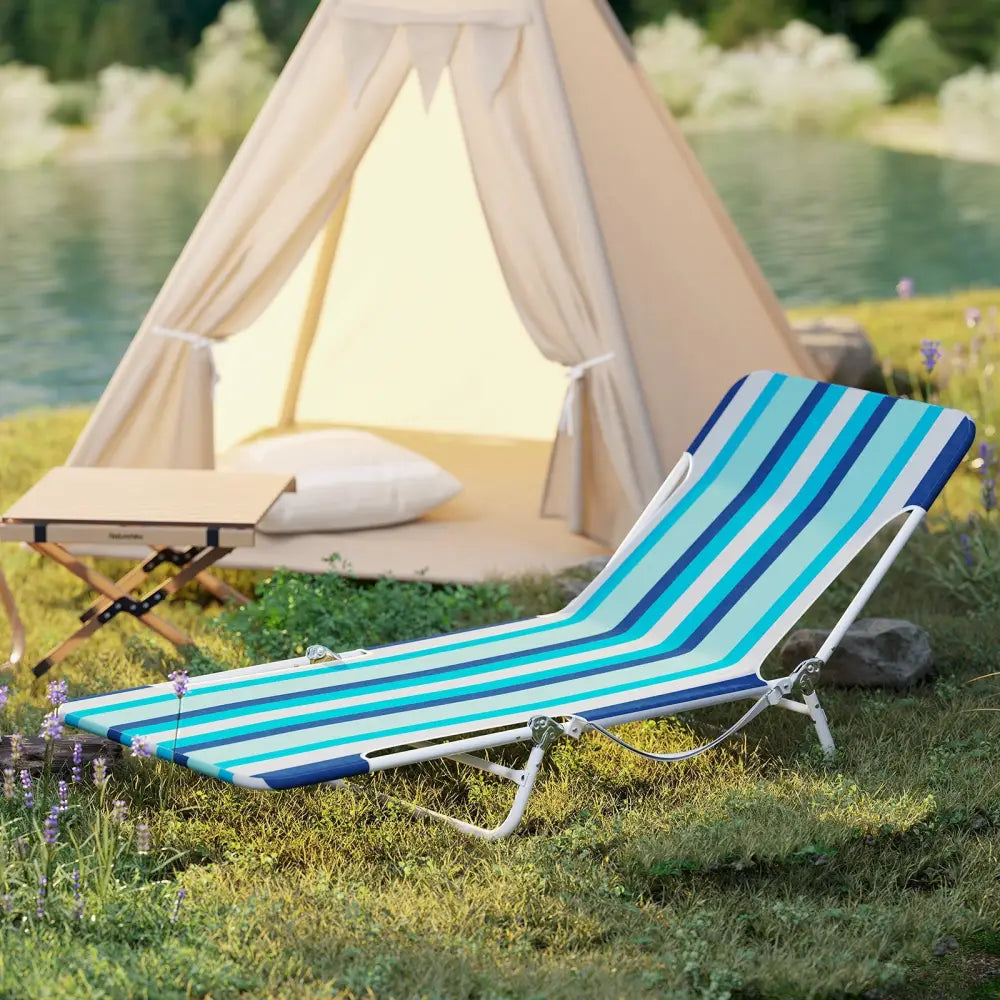 2 Pieces 5-position Lay Flat Beach Recliner with Carry Strap and Metal Frame-Blue - Blue - Beach & Lawn Chairs