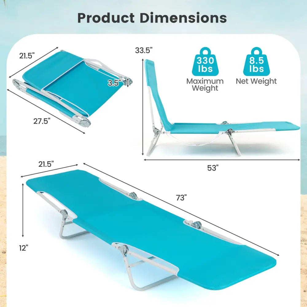 2 Pieces 5-position Lay Flat Beach Recliner with Carry Strap and Metal Frame-Navy - Turquoise - Beach & Lawn Chairs