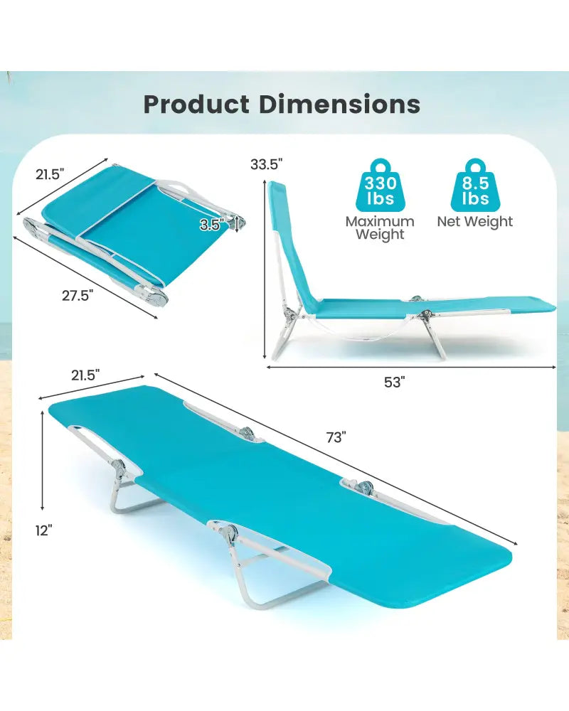 2 Pieces 5-position Lay Flat Beach Recliner with Carry Strap and Metal Frame-Navy - Turquoise - Outdoor Chaise Lounges