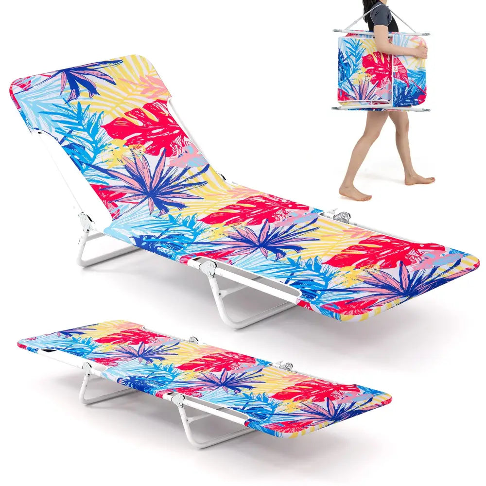 2 Pieces 5-position Lay Flat Beach Recliner with Carry Strap and Metal Frame-Pink - Pink - Beach & Lawn Chairs