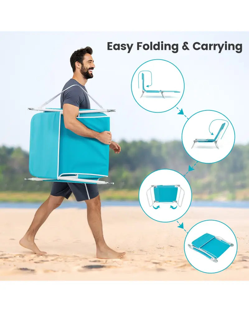 2 Pieces 5-position Lay Flat Beach Recliner with Carry Strap and Metal Frame-Navy - Turquoise - Outdoor Chaise Lounges