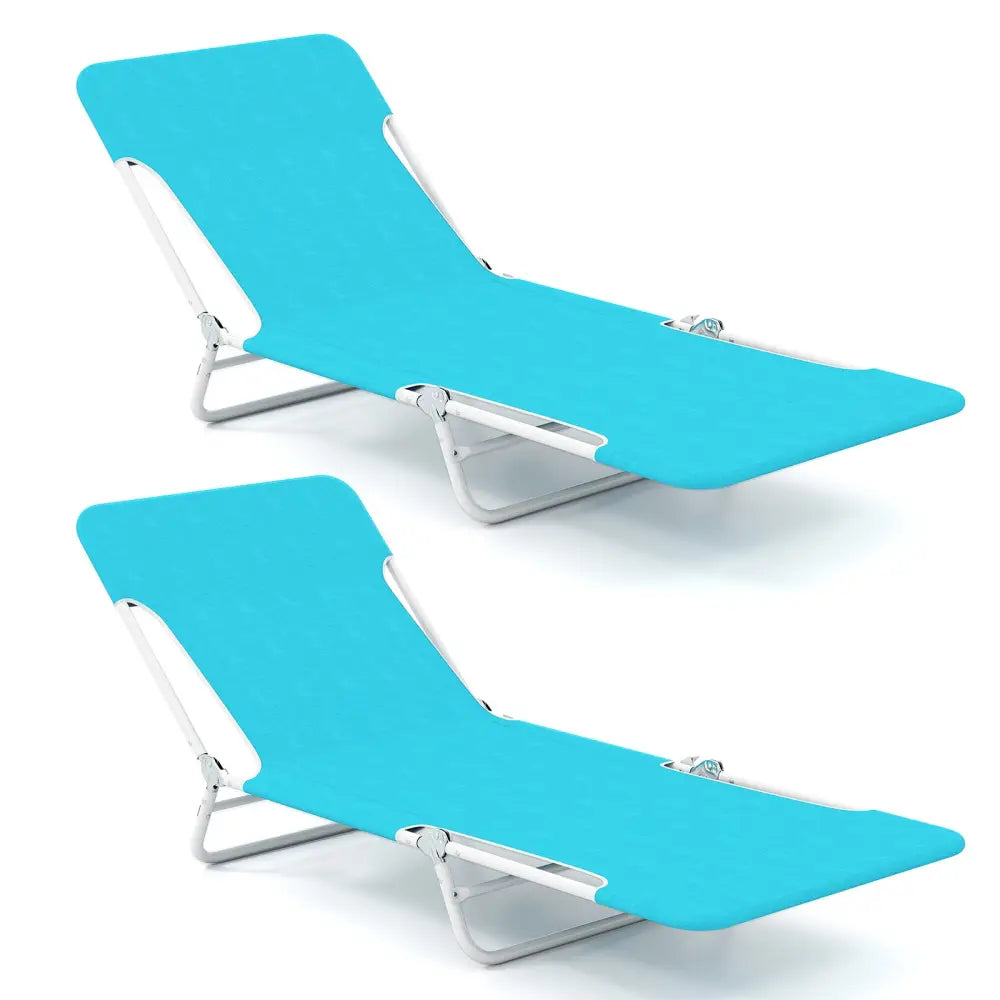 2 Pieces 5-position Lay Flat Beach Recliner with Carry Strap and Metal Frame-Navy - Turquoise - Beach & Lawn Chairs