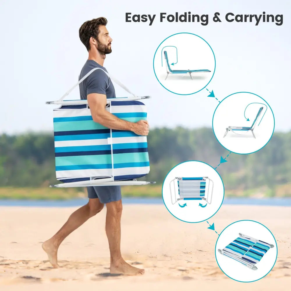 2 Pieces 5-position Lay Flat Beach Recliner with Carry Strap and Metal Frame-Blue - Blue - Beach & Lawn Chairs