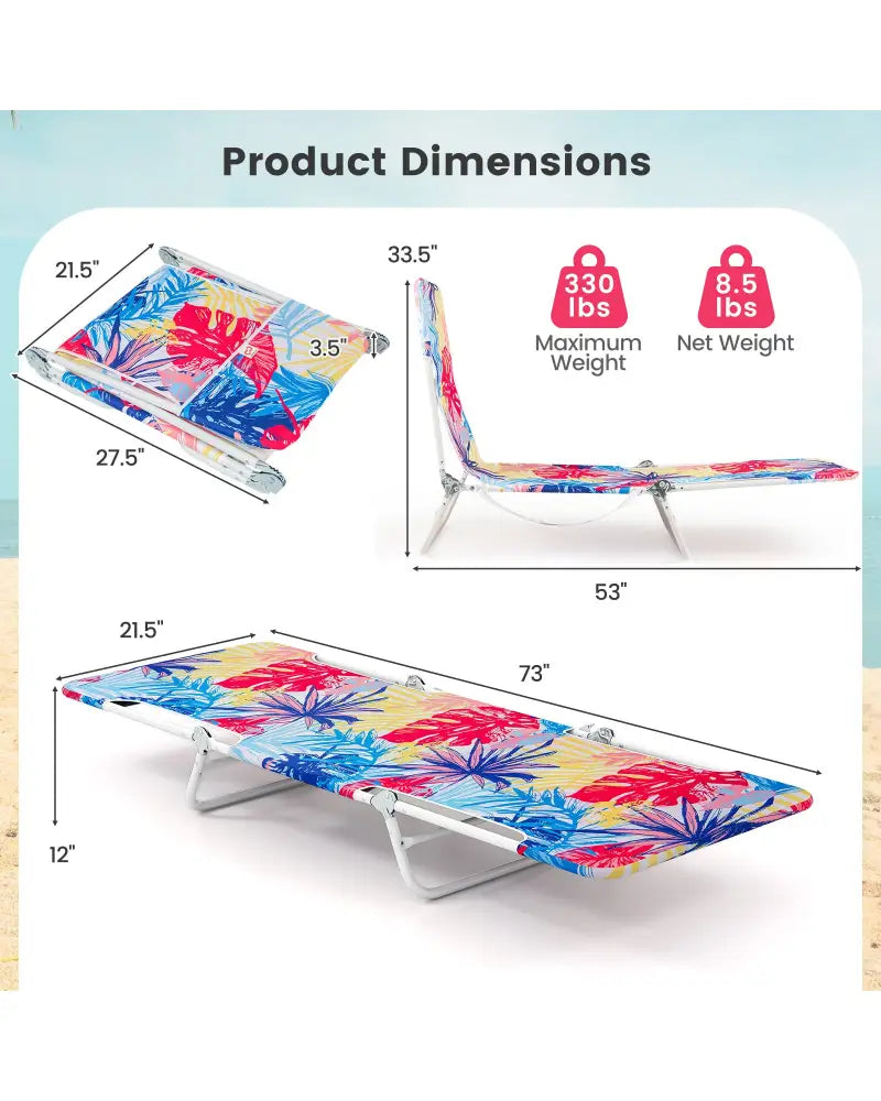 2 Pieces 5-position Lay Flat Beach Recliner with Carry Strap and Metal Frame-Pink - Pink - Outdoor Chaise Lounges