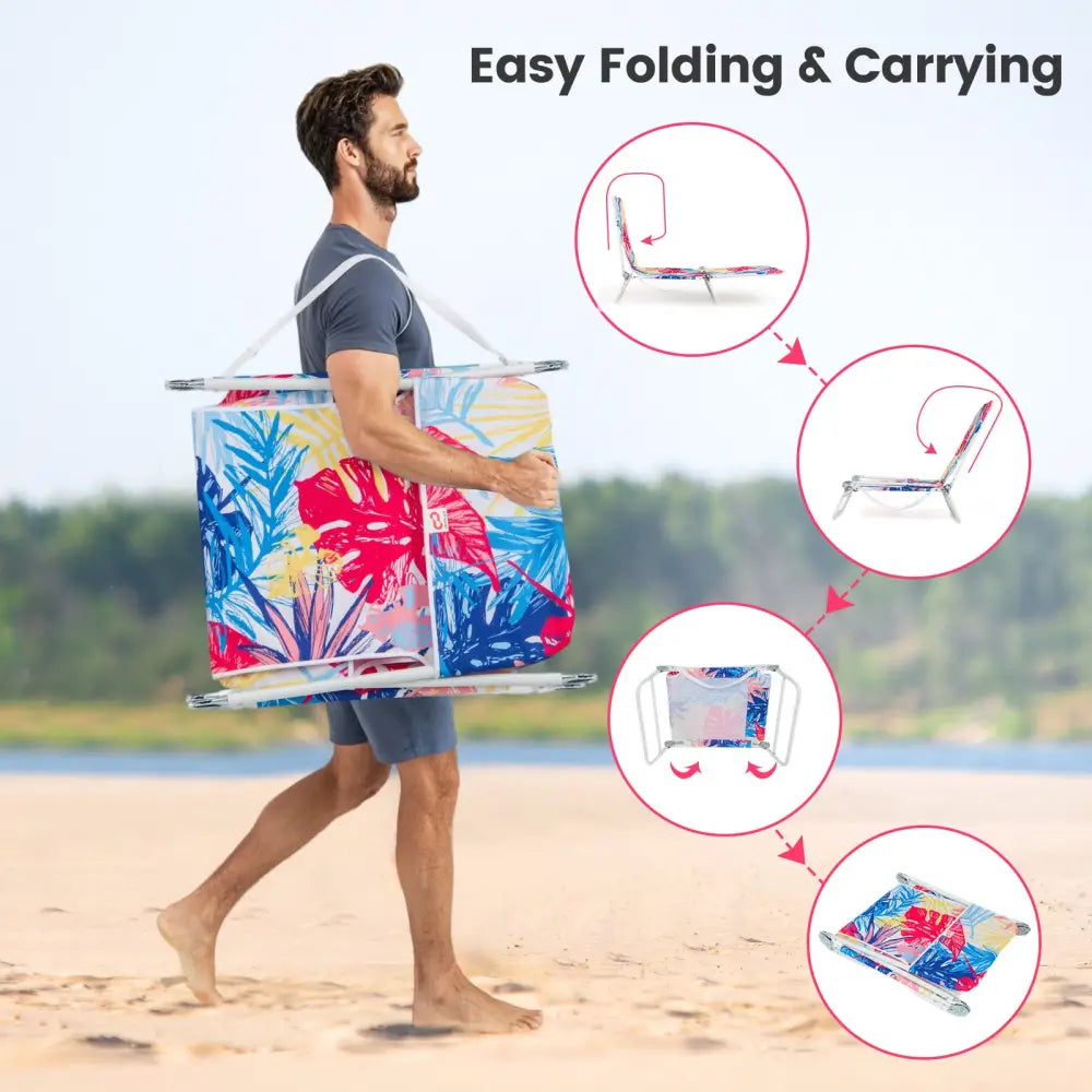 2 Pieces 5-position Lay Flat Beach Recliner with Carry Strap and Metal Frame-Pink - Pink - Beach & Lawn Chairs