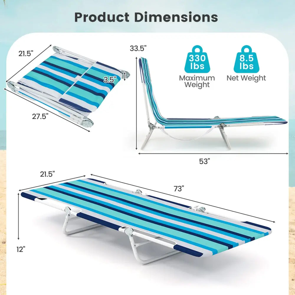 2 Pieces 5-position Lay Flat Beach Recliner with Carry Strap and Metal Frame-Blue - Blue - Beach & Lawn Chairs