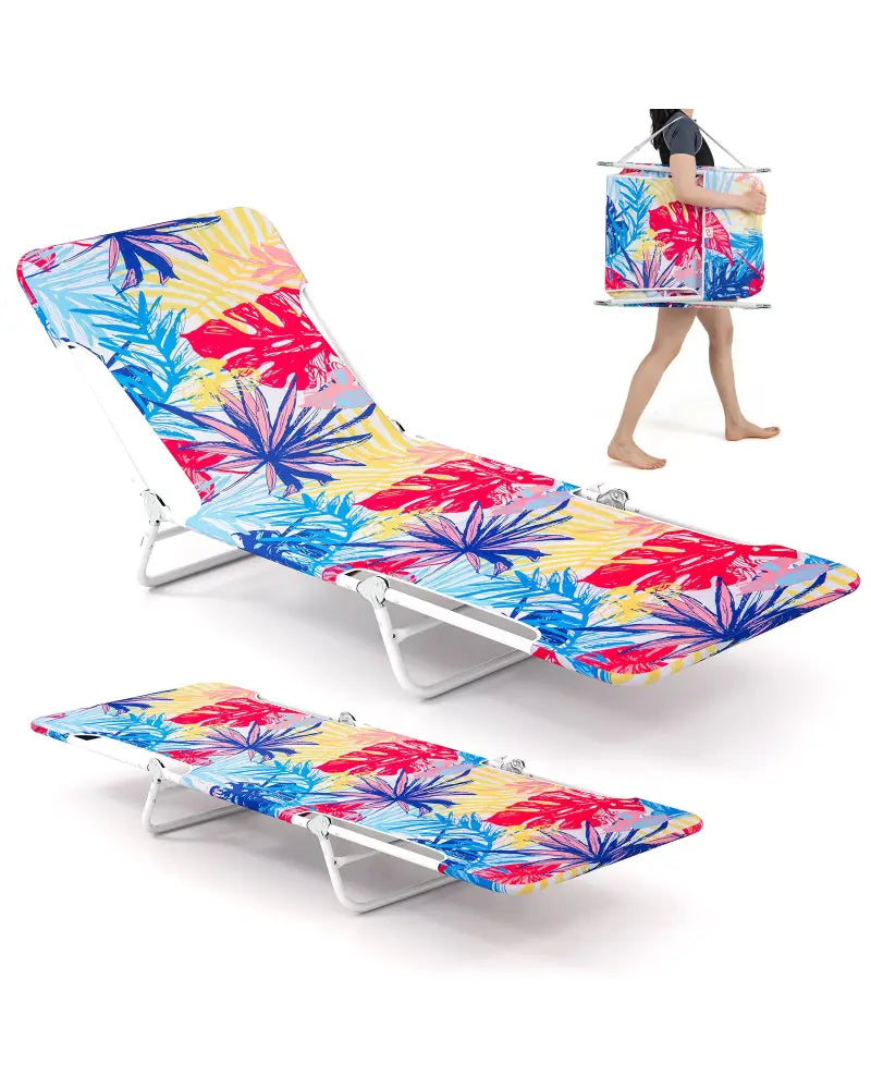 2 Pieces 5-position Lay Flat Beach Recliner with Carry Strap and Metal Frame-Pink - Pink - Outdoor Chaise Lounges
