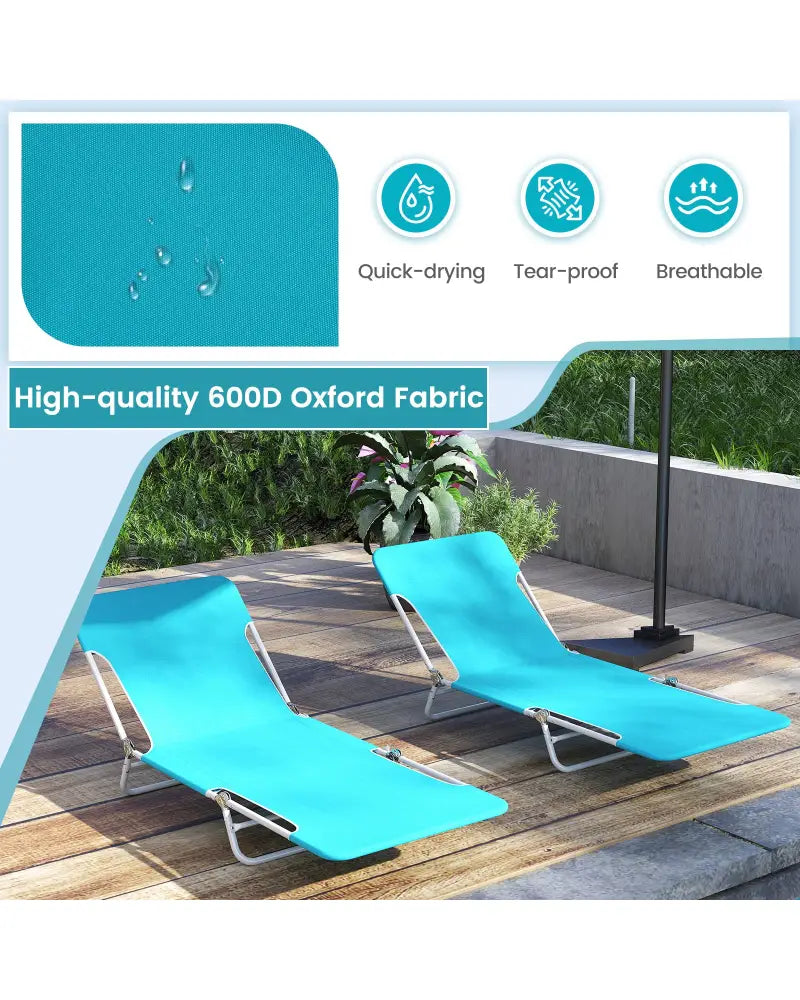 2 Pieces 5-position Lay Flat Beach Recliner with Carry Strap and Metal Frame-Navy - Turquoise - Outdoor Chaise Lounges