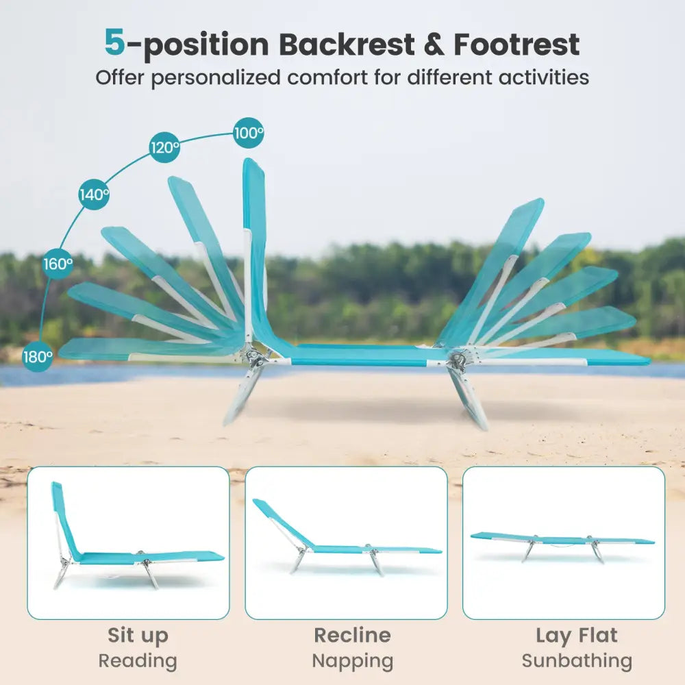 2 Pieces 5-position Lay Flat Beach Recliner with Carry Strap and Metal Frame-Navy - Turquoise - Beach & Lawn Chairs