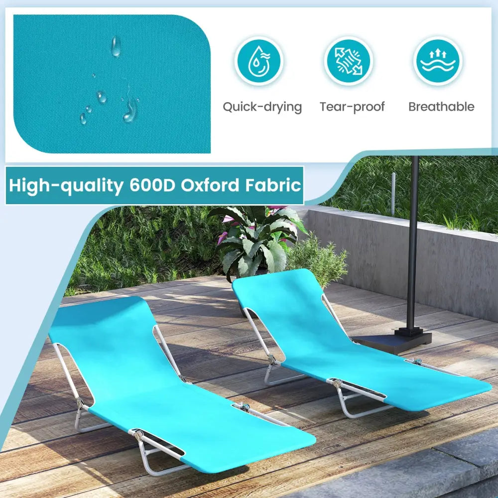 2 Pieces 5-position Lay Flat Beach Recliner with Carry Strap and Metal Frame-Navy - Turquoise - Beach & Lawn Chairs