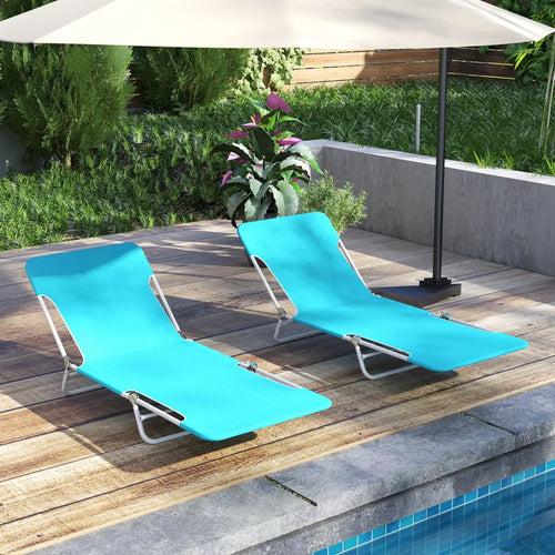 2 Pieces 5-position Lay Flat Beach Recliner with Carry Strap and Metal Frame-Navy - Turquoise - Outdoor Chaise Lounges
