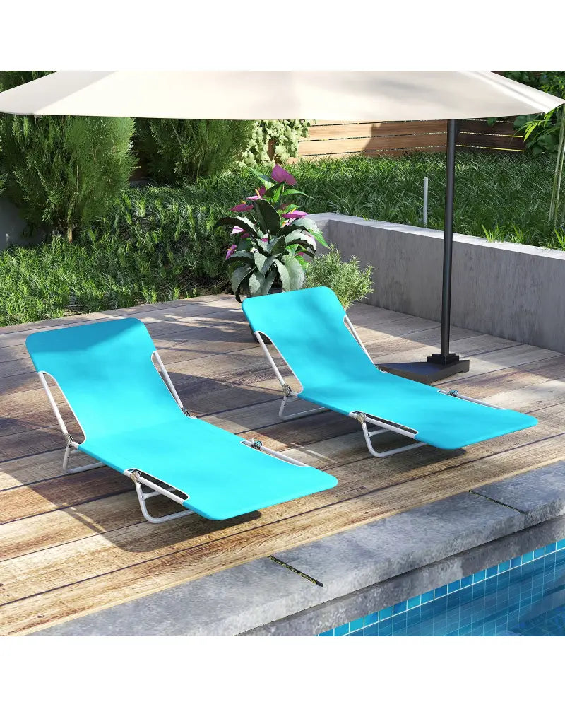 2 Pieces 5-position Lay Flat Beach Recliner with Carry Strap and Metal Frame-Navy - Turquoise - Outdoor Chaise Lounges