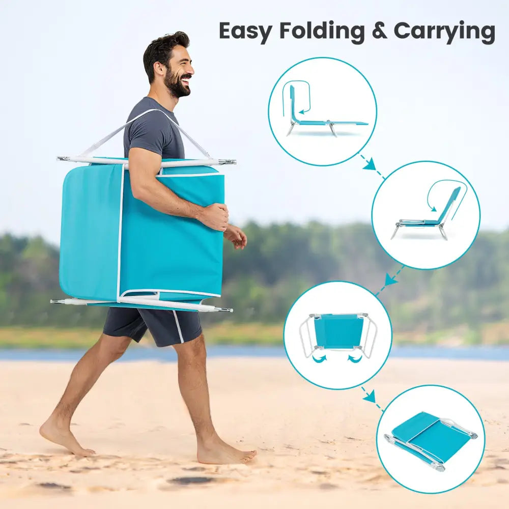 2 Pieces 5-position Lay Flat Beach Recliner with Carry Strap and Metal Frame-Navy - Turquoise - Beach & Lawn Chairs