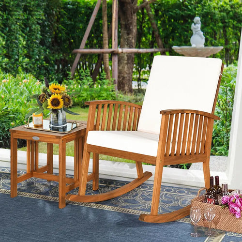 2 Pieces Acacia Wood Patio Rocking Chair Table Set - Brown - Patio Conversation Sets