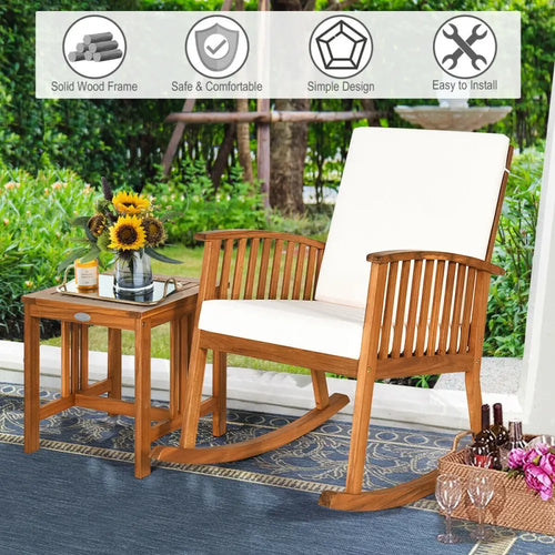 2 Pieces Acacia Wood Patio Rocking Chair Table Set - Brown - Patio Conversation Sets