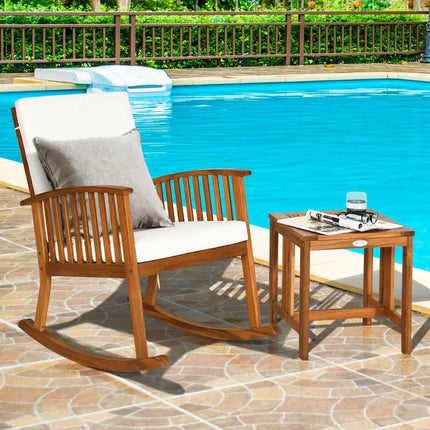 2 Pieces Acacia Wood Patio Rocking Chair Table Set - Brown - Patio Conversation Sets