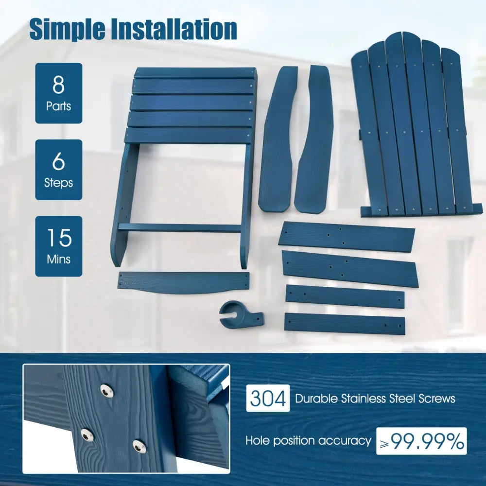 2 Pieces Adirondack Chair Set with Ergonomic Design for Porch and Backyard-Navy - Navy - Adirondack Chairs
