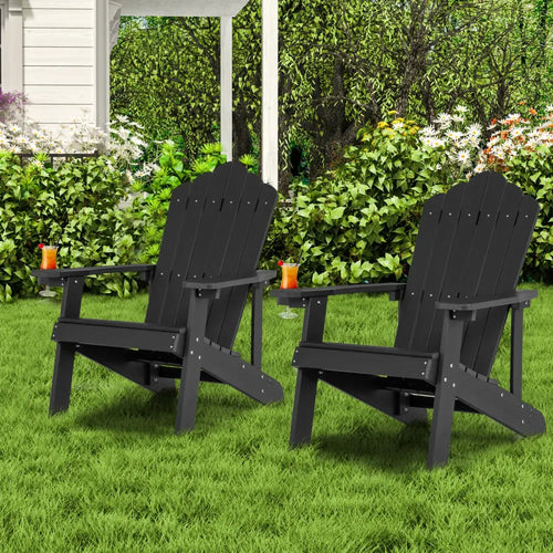2 Pieces Adirondack Chair Set with Ergonomic Design for Porch and Backyard-Black - Black - Adirondack Chairs