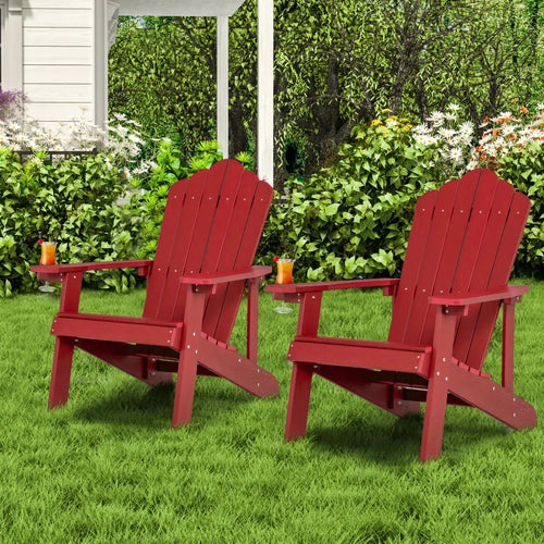 2 Pieces Adirondack Chair Set with Ergonomic Design for Porch and Backyard-Red - Red - Adirondack Chairs