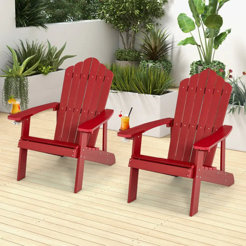 2 Pieces Adirondack Chair Set with Ergonomic Design for Porch and Backyard-Red - Red - Adirondack Chairs