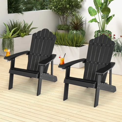 2 Pieces Adirondack Chair Set with Ergonomic Design for Porch and Backyard-Black - Black - Adirondack Chairs