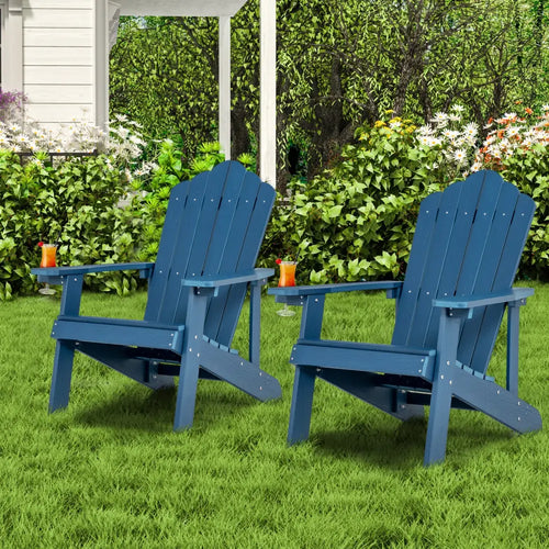 2 Pieces Adirondack Chair Set with Ergonomic Design for Porch and Backyard-Navy - Navy - Adirondack Chairs