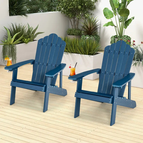2 Pieces Adirondack Chair Set with Ergonomic Design for Porch and Backyard-Navy - Navy - Adirondack Chairs