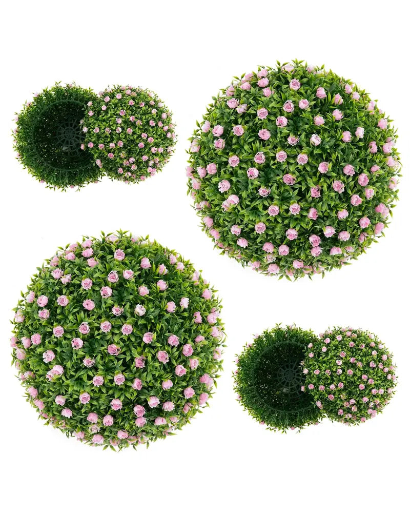 2 Pieces Artificial Plant Topiary Balls 17.5 Inch Faux Decorative Balls with Pink Flowers - Green - Faux Plants