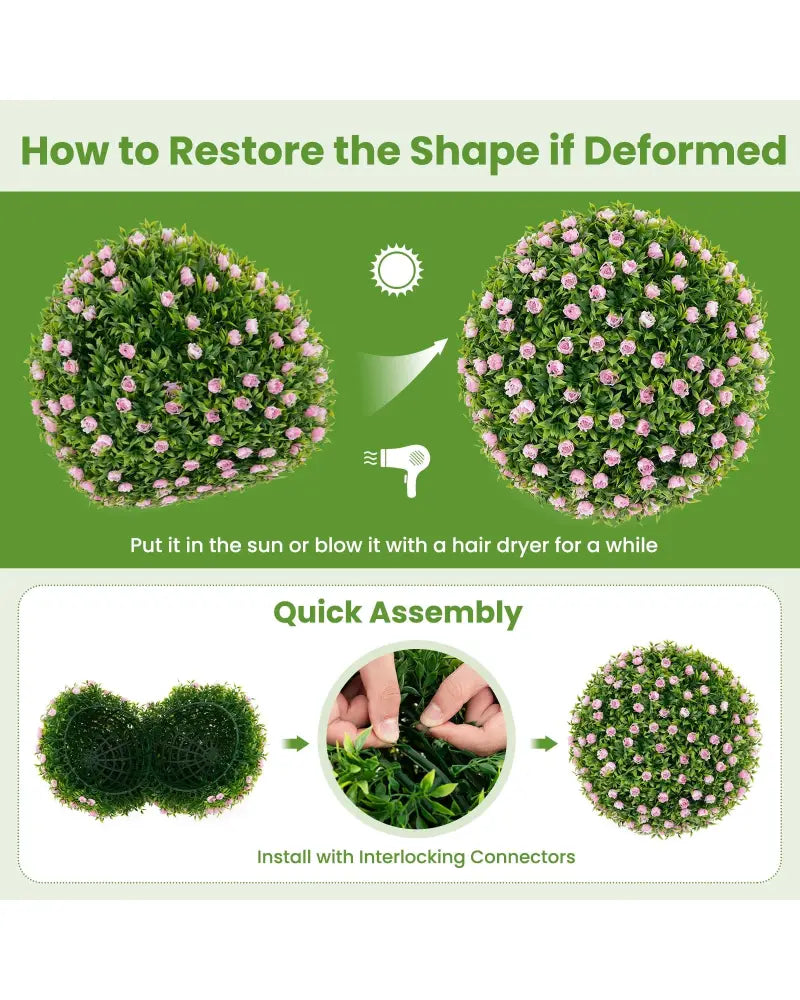 2 Pieces Artificial Plant Topiary Balls 17.5 Inch Faux Decorative Balls with Pink Flowers - Green - Faux Plants