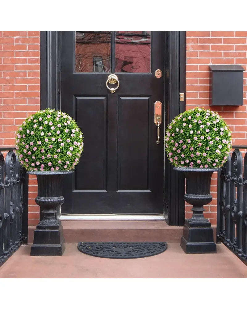 2 Pieces Artificial Plant Topiary Balls 17.5 Inch Faux Decorative Balls with Pink Flowers - Green - Faux Plants
