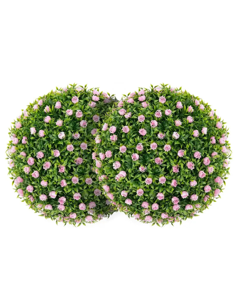 2 Pieces Artificial Plant Topiary Balls 17.5 Inch Faux Decorative Balls with Pink Flowers - Green - Faux Plants