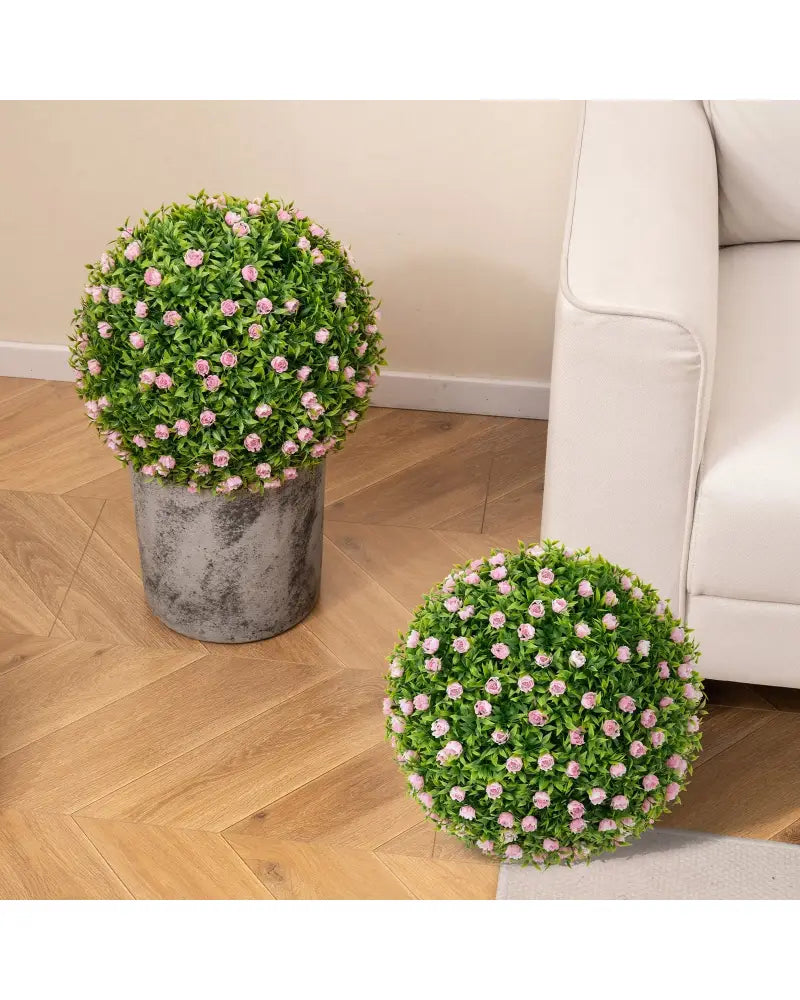 2 Pieces Artificial Plant Topiary Balls 17.5 Inch Faux Decorative Balls with Pink Flowers - Green - Faux Plants