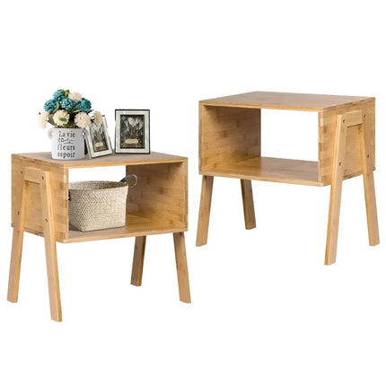 2 Pieces Bamboo Nightstand Sofa Table with Storage Shelf Costway