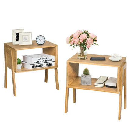 2 Pieces Bamboo Nightstand Sofa Table with Storage Shelf Costway