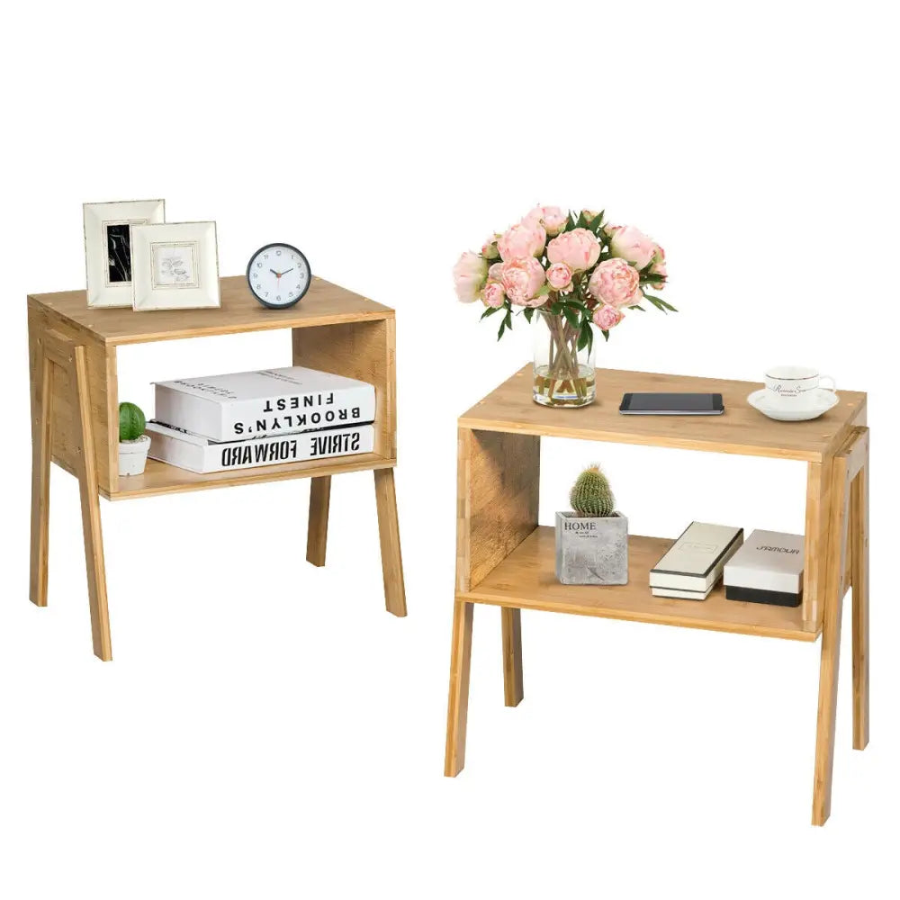 2 Pieces Bamboo Nightstand Sofa Table with Storage Shelf Costway